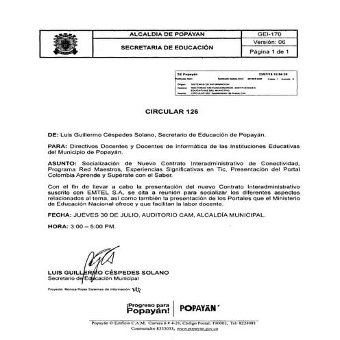 Circular126. Secretaría de Educación Municipal