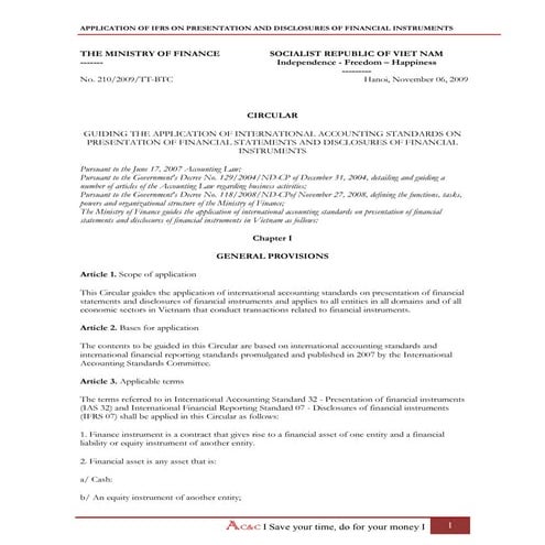 Vietnam Accounting Standards - Circular 210 2009-TT-BTC Financial Instrument