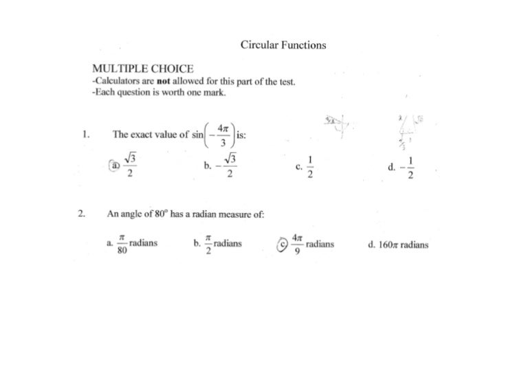 Circular Functions Answers