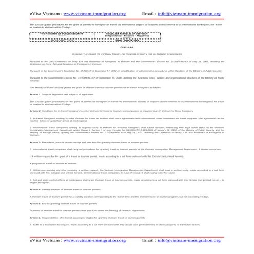 Circular guides procedures for the grant of permits for foreigners in transit...