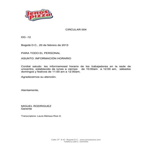 Circular interna JENNO´S PIZZA