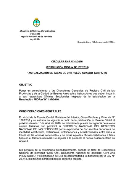 Circular n° 4 2016 - actualización de tasas de DNI