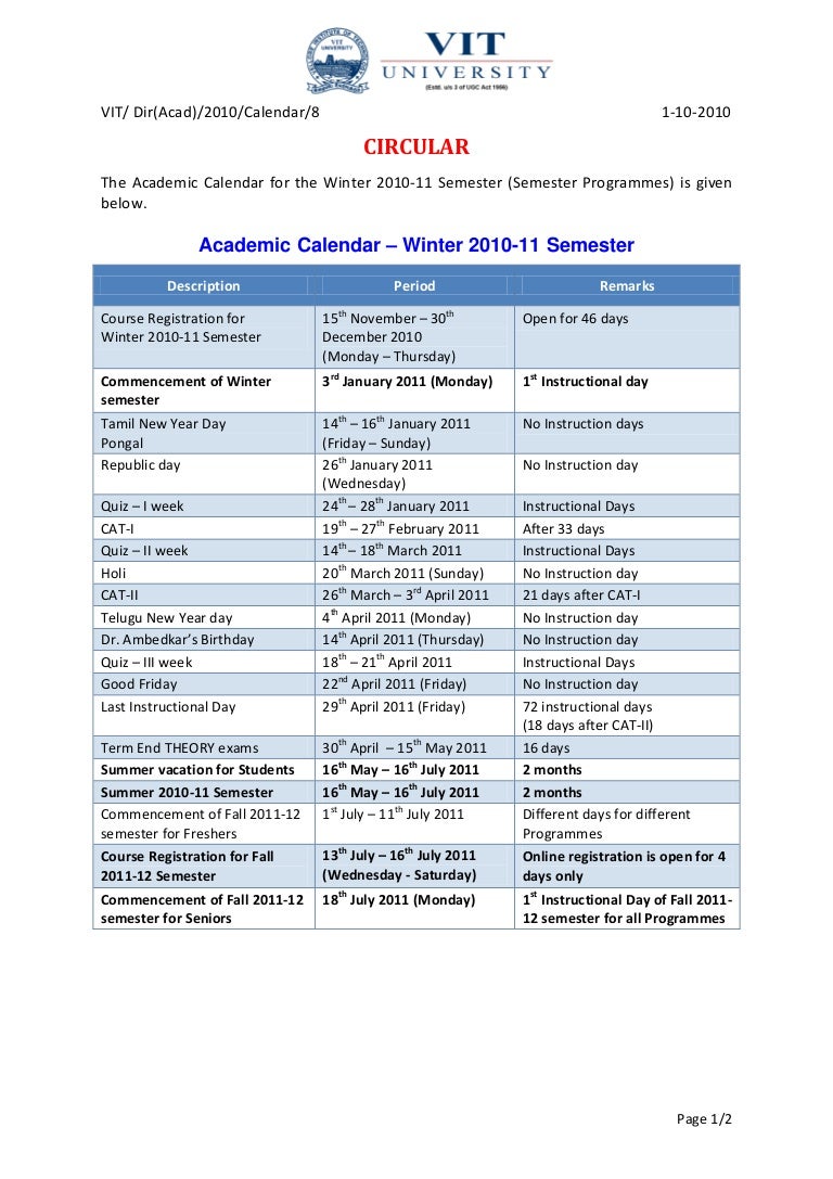 Circular On Academic Calendar For Winter 2010 11 Semester