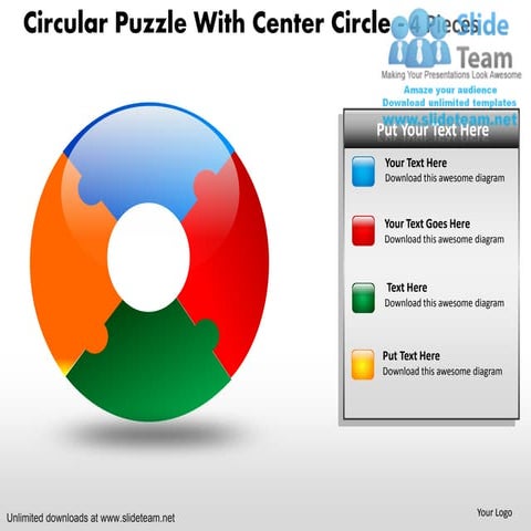 Circular puzzle pie chart with center circle 4 pieces power point slides and ...