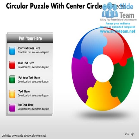 Circular puzzle with center circle 5 pieces power point slides and ppt diagra...