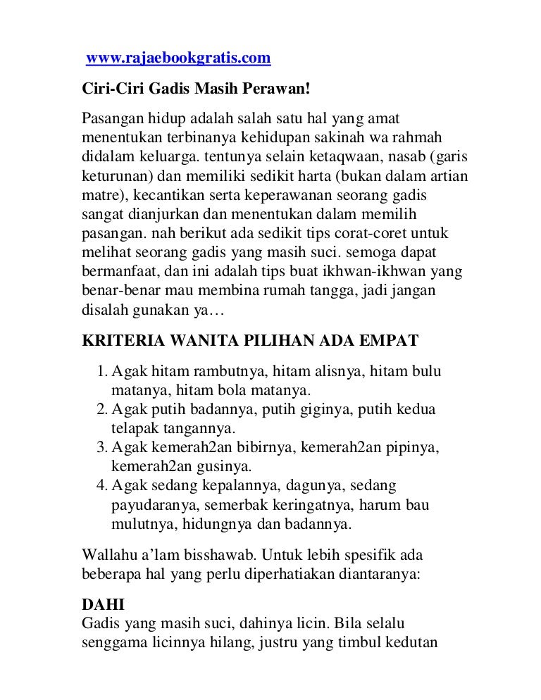 Ciri Ciri Gadis Masih Perawan