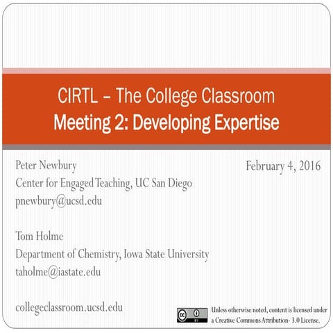 CIRTL Spring 2016 The College Classroom Meeting 2 - Developing Expertise