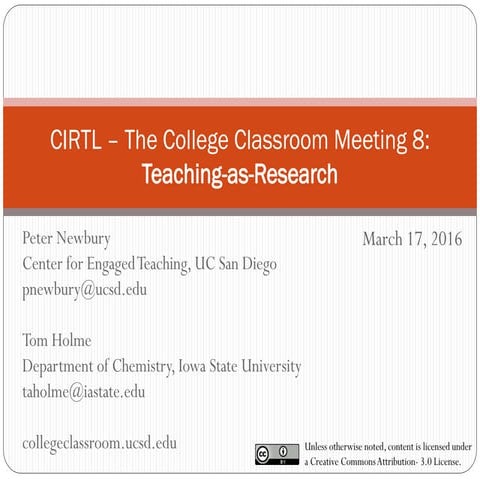 CIRTL Spring 2016 The College Classroom Meeting 8 - Teaching-as-Research