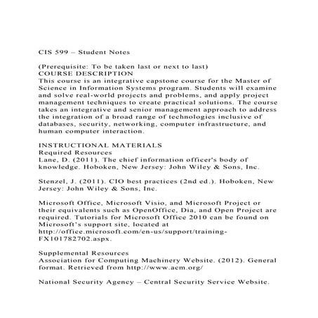 CIS 599 – Student Notes(Prerequisite To be taken last or ne.docx