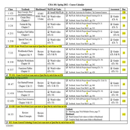 CISA 101 Course Calendar SP12 Billing