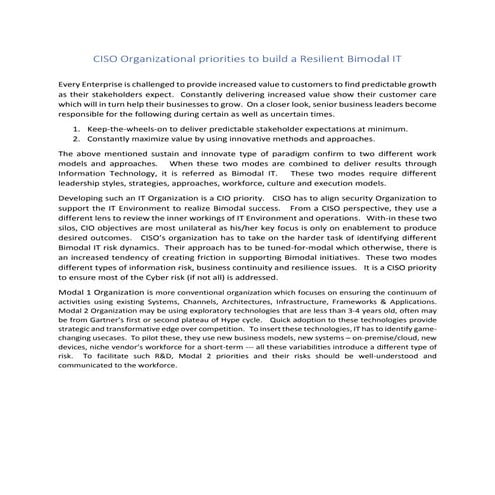 Ciso organizational priorities to build a resilient bimodal it