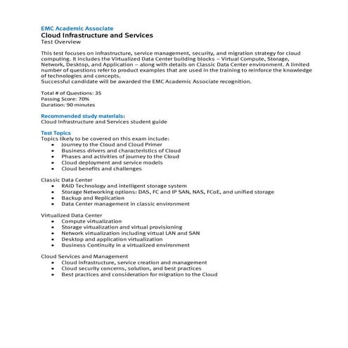 EMC Academic Associate Exam Description  - Cloud Infrastructure and Services