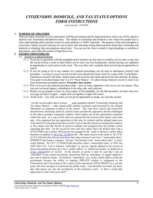 Citizenship, Domicile, and Tax Status Options, Form #10.003