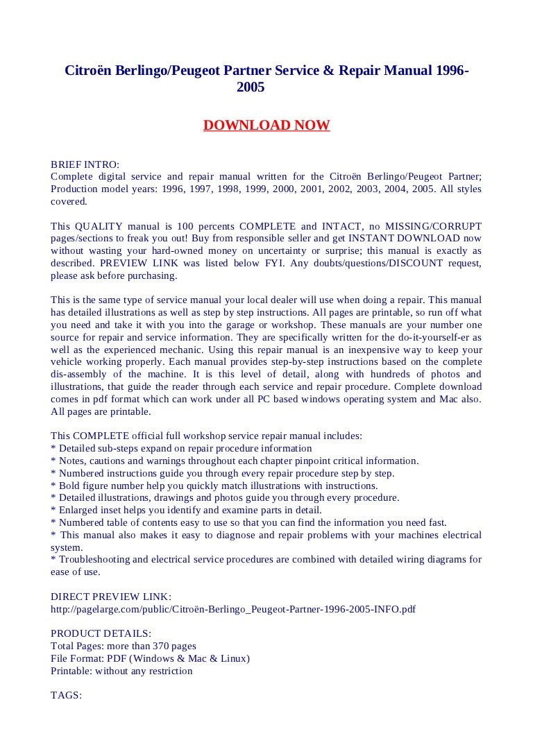 Citroën berlingo peugeot partner service & repair manual 1996 2005