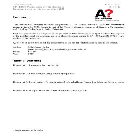 Prestressed concrete course assignments 2020