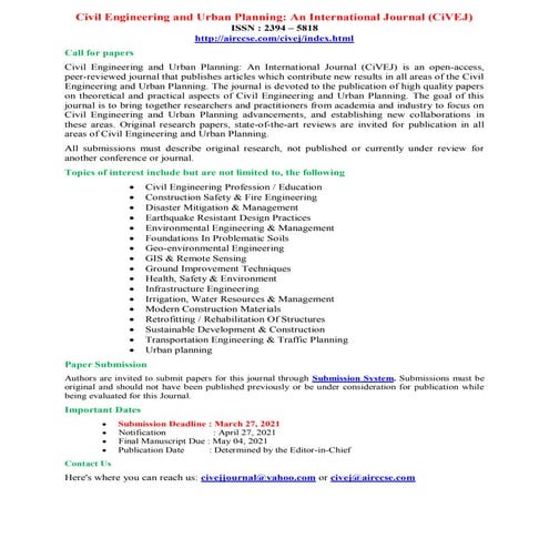 Call for Papers - Civil Engineering and Urban Planning: An International Journal (CiVEJ)