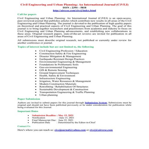 Call for Papers (June Issue) - Civil Engineering and Urban Planning: An International Journal (CiVEJ)