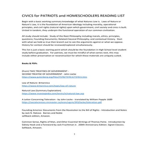 Civics for patriots and homeschoolers reading list by cyrellys