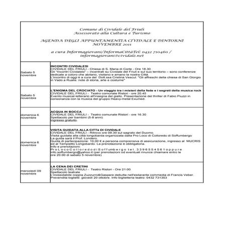 Cividale e dintorni / Agenda Appuntamenti  Novembre 2011