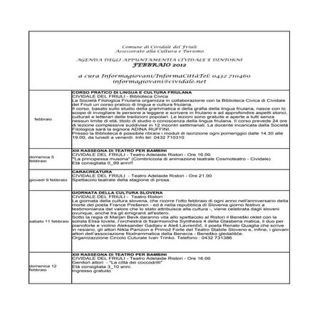 Cividale e dintorni / agenda appuntamenti Febbraio 2012