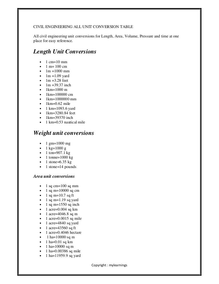 Civil Engineering Unit Conversions