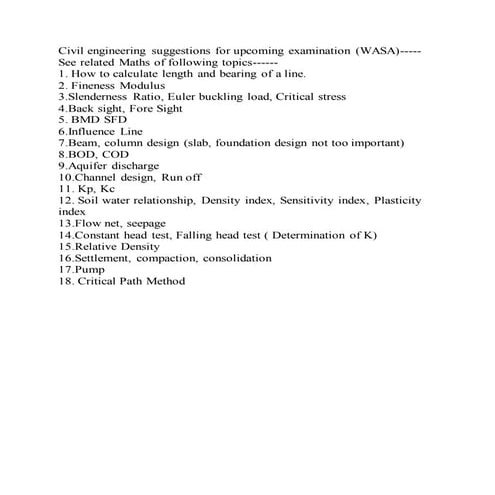 Civil engineering suggestions for upcoming examination
