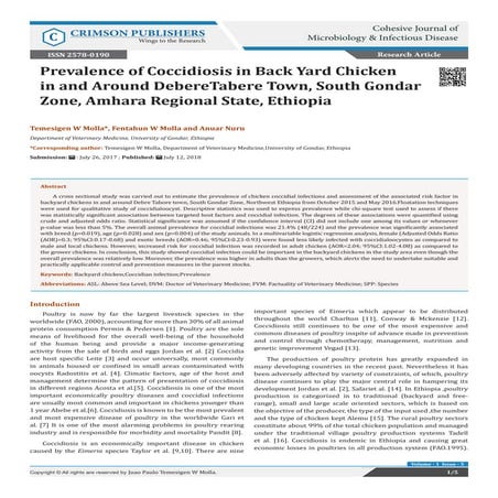 Prevalence of Coccidiosis in Back Yard Chicken in and Around DebereTabere Tow...