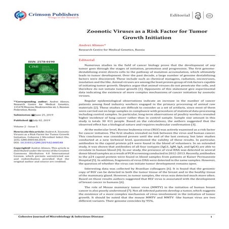 Zoonotic Viruses as a Risk Factor for Tumor Growth Initiation_Crimson Publishers
