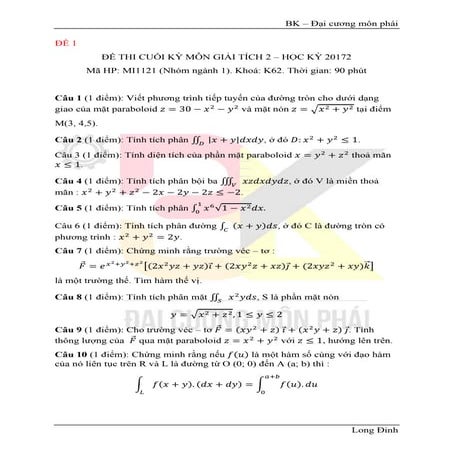 Đê thi cuối kỳ giải tích 2 | PDF