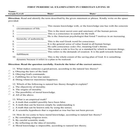 PRE PERIODICAL TEST IN CHRISTIAN LIVING 10 | DOCX