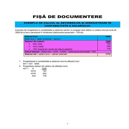 Exemplu de calcul al retinerilor si inregistrarea in contabilitate a salariului