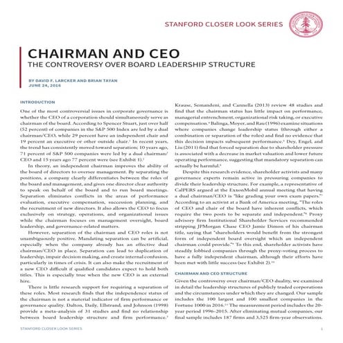 Chairman and CEO: The Controversy over Board Leadership Structure 