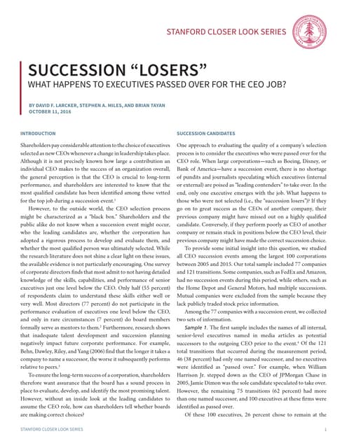 Succession “Losers”: What Happens to Executives Passed Over for the CEO Job? 