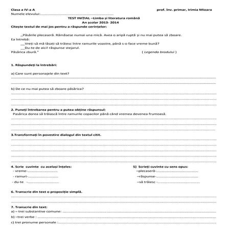 Clasa a iv a test initial limba român¦