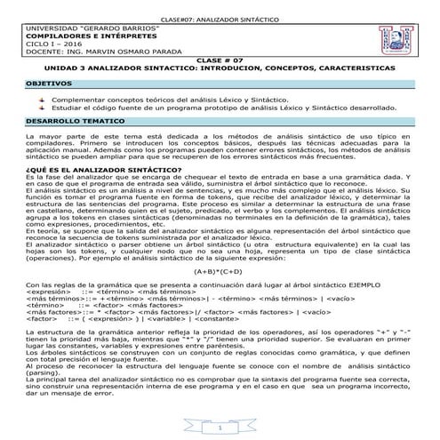 ANALIZADOR SINTACTICO: INTRODUCION, CONCEPTOS, CARACTERISTICAS 