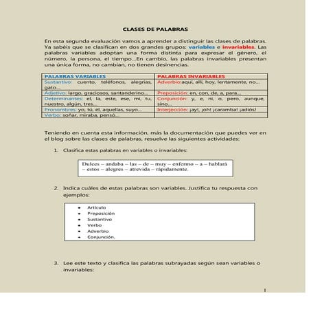 Clases de palabras. 1º ESO. Variables e invariables