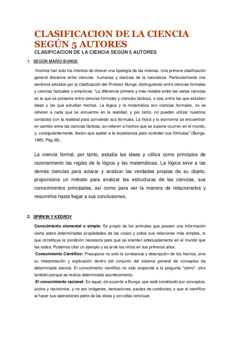 Clasificacion de la ciencia según 5 autores
