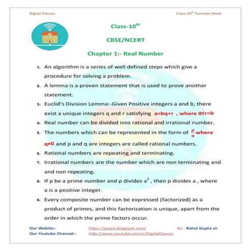 Class 10th maths formula sheet