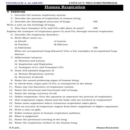 Class 11 Important Questions for Biology - Human Respiration