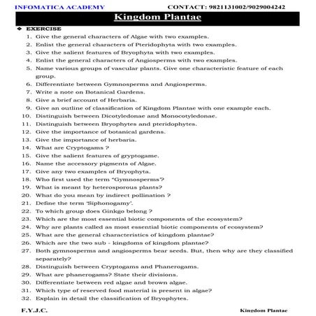 Class 11 Important Questions for Biology - Kingdom Plantae