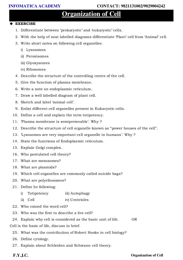Class 11 Important Questions for Biology Organization of Cell