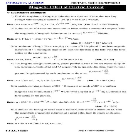 Class 11 important questions for physics Magnetic Effect of Electric Current