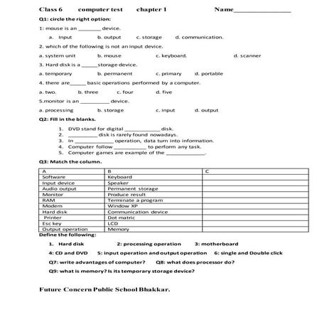 class One computer worksheet