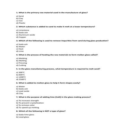 MCQS on manufacture of glass,  Cement, Soap, Detergent and Fertilizers