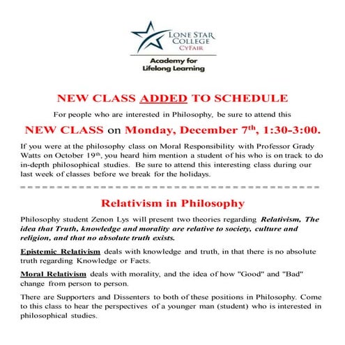 Philosophy Class Added to Schedule