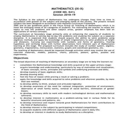 Classes 9 and 1o maths cbse syllabus