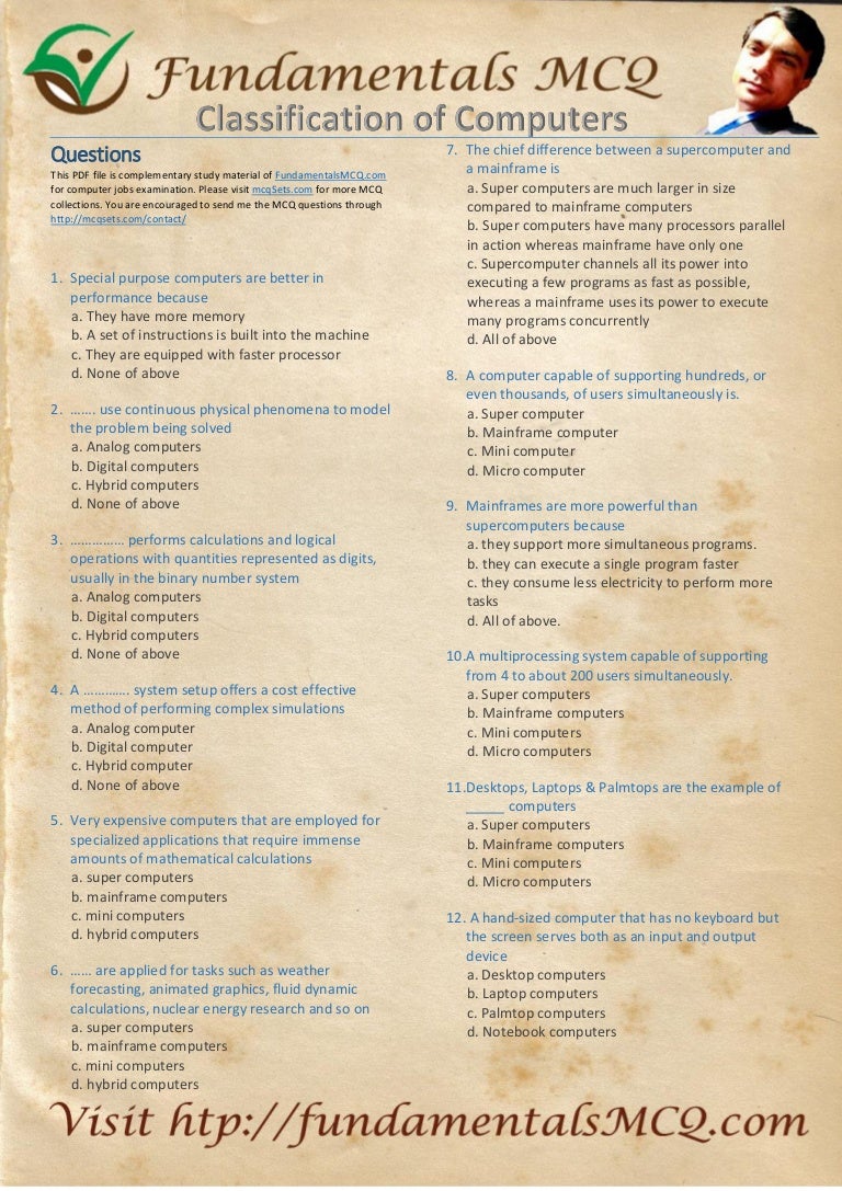 MCQ Paper on Classification of computers