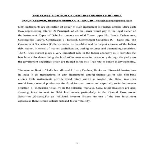 THE CLASSIFICATION OF DEBT INSTRUMENTS IN INDIA | DOCX