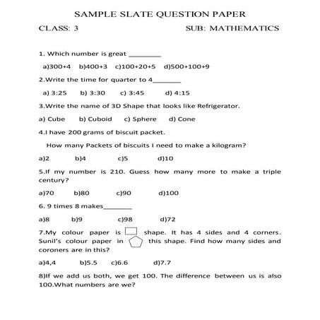CLASS III MATHS SLATE PAPER