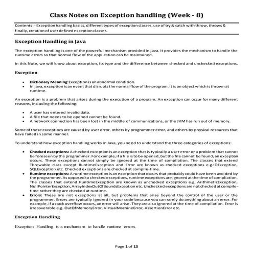 Class notes(week 8) on exception handling | PDF